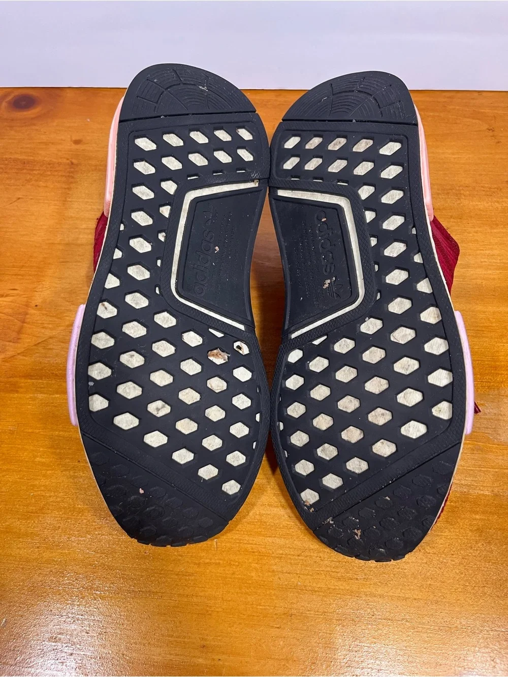 Women’s Adidas NMD R1 Sneakers in Maroon with Pink Accents